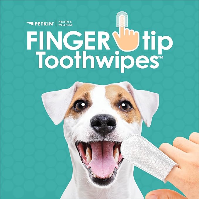 Petkin Fingertip Tooth Wipes for Dogs and Cats, 50 Finger Wipes - Slip-On, Snug Fit, Micro-Bristle Fabric - Cleans Teeth, Gums, Plaque & Tartar - Convenient, Ideal for Home and Travel - Fresh Mint
