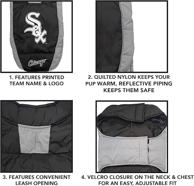 MLB Chicago White Sox Puffer Vest for Dogs & Cats, Size Large. Warm, Cozy, and Waterproof Dog Coat, for Small and Large Dogs/Cats. Best MLB Licensed PET Warming Sports Jacket