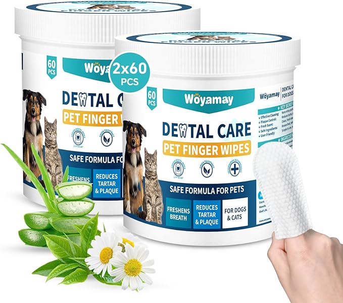 Teeth Cleaning Wipes for Dogs & Cats, 120 Counts Dental Wipes for Reducing Plaque & Tartar for Cats and Dogs, Disposable Gentle Breath Freshener Dental and Gum Care Finger Pet Wipes
