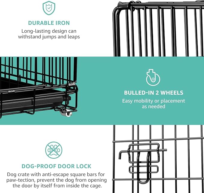 42 Inch Dog Crate with Divider - XL Dog Kennel Extra Large Cage with Wheels and Topper Double Door Big Collapsible Dog Crates for XLarge Dogs Indoor Metal Wire X Large Pet Cages