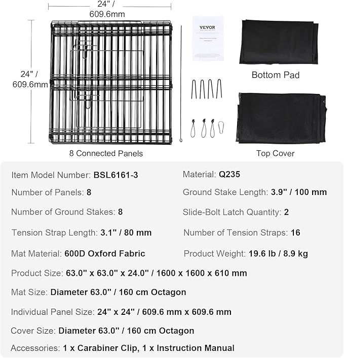 VEVOR Foldable Metal Dog Exercise Pen, Pet Playpen Dog Fence for Camping with Top Cover and Bottom Pad, 24" H 8 Panels, Puppy Crate Kennel Indoor Outdoor for Medium Dogs, Both for Home&Yard