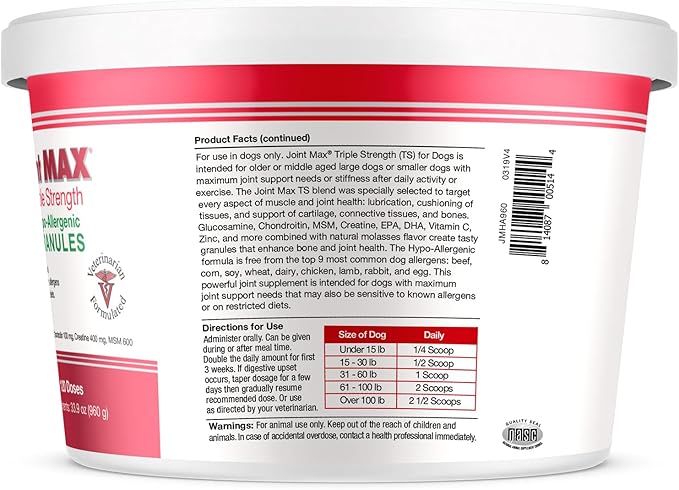Triple Strength HA Granules for Dogs, Glucosamine, Chondroitin, Creatine, MSM and Antioxidants - Hip and Joint Support Supplement, 120 Doses