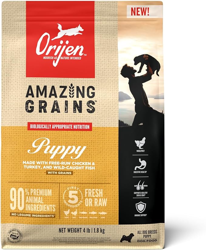 ORIJEN AMAZING GRAINS Puppy Dry Dog Food, High Protein Dog Food for Puppies, Fresh or Raw Ingredients, 4lb