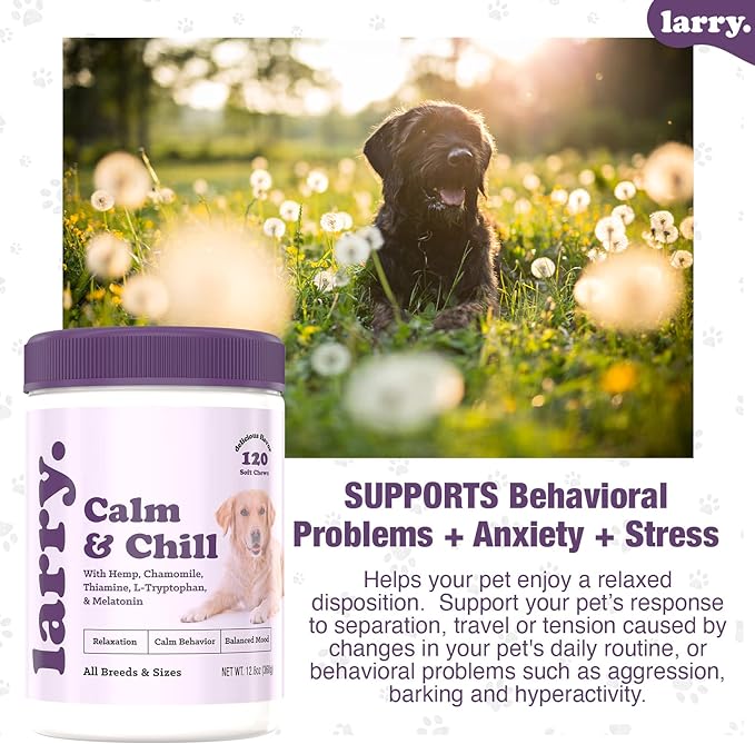 Larry Calming Dog Chews for Anxiety Relief, All-Natural Ingredients, Delicious Flavor, No Drowsiness, Made in The USA