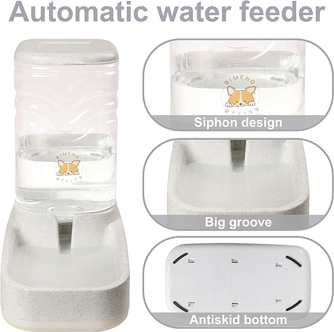 Automatic Dog Cat Gravity Food and Water Dispenser Set with Pet Food Bowl for Small Large Pets Puppy Kitten Rabbit Large Capacity(White & Gray, 3.8L)