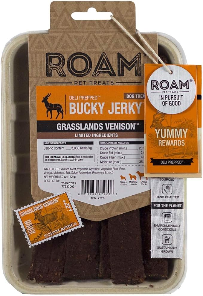 ROAM Pet Treats Bucky Jerky Dog Treats, 5 Ounces, Made from Grasslands Venison with Limited Ingredients, Model Number: 66023
