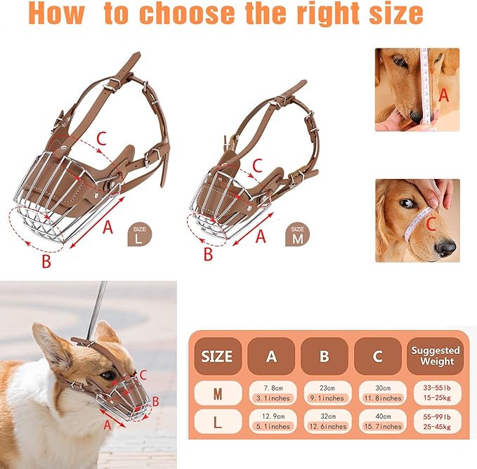 Dog Muzzle, Dog Metal Face Basket, Dog Mouth Breathable Adjustable Leather Leash Suitable for Large Medium-Sized Dogs (BrownM)