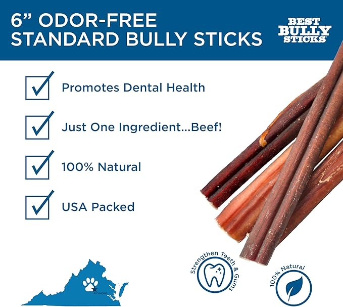 Best Bully Sticks 6 Inch Odor Free Bully Sticks for Dogs, 20 Pack, Bulk Bag 100% Natural, Grass-Fed Beef, Digestible Bully Bones, Grain and Rawhide Free, Odorless Dog Bully Sticks for Large Dogs