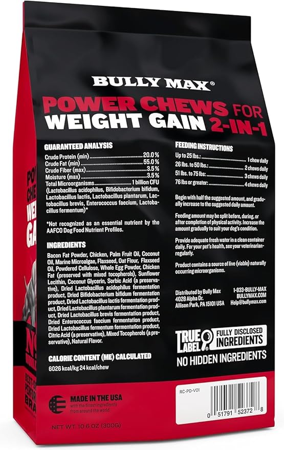 Bully Max Dog Weight Gainer Chews - High Calorie Health Supplement for Healthy Weight Gain, Immunity & Digestive Health for All Breeds & Ages - 2 Packs, 75 Soft & Tasty Chews per Pack