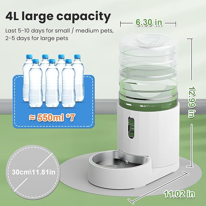 Pet Water Dispenser 4L with Placemat and Stainless Steel Bowl, Unplugged Automatic Gravity Water Dispenser, Easy to Clean, Safe for Pets