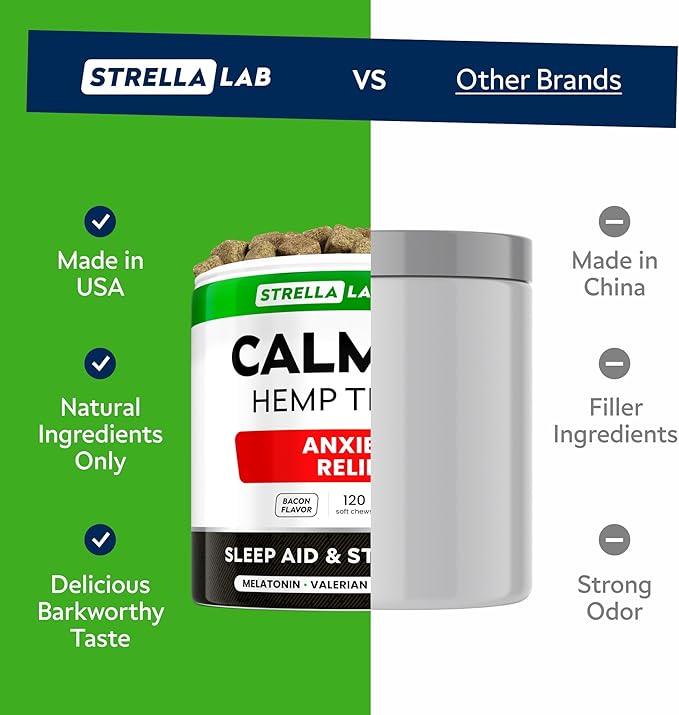 STRELLALAB Advanced Calming Hemp Chews for Dogs - Stress & Anxiety Relief - Behavior Aid - Natural Stress Relief During Firework, Storm, Barking - 120 Treats - Bacon