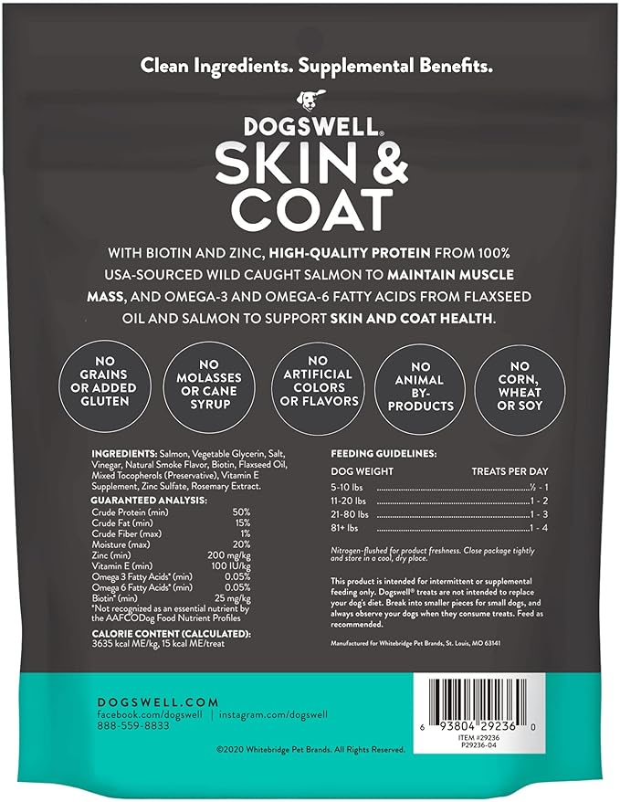 Dogswell Jerky Skin and Coat – Mini Salmon Jerky Dog Treats with Dog Skin & Coat Support (4 oz. Salmon)