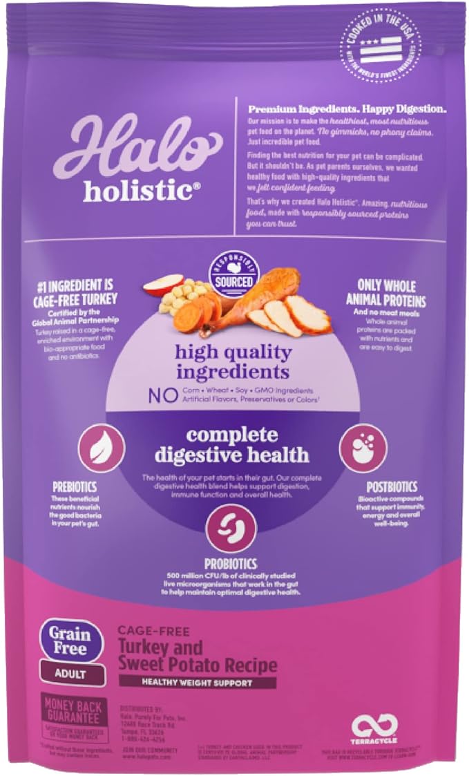 Halo Purely for Pets Holistic Dog Food, Complete Digestive Health Grain Free Cage-Free Turkey and Sweet Potato Recipe, Healthy Weight Support, Dry Dog Food Bag, Adult Formula, 10-lb Bag