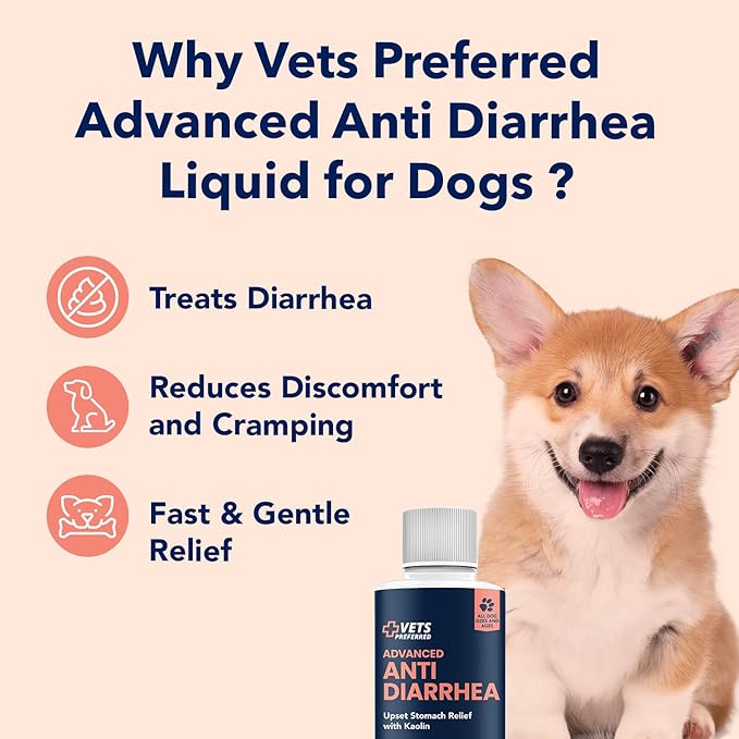 Vets Preferred Anti Diarrhea Liquid for Dogs - Dog Diarrhea Relief with Pectin and Kaolin (8 oz.) | Once every 12 hours for Dog Diarrhea & Dog Gas Relief