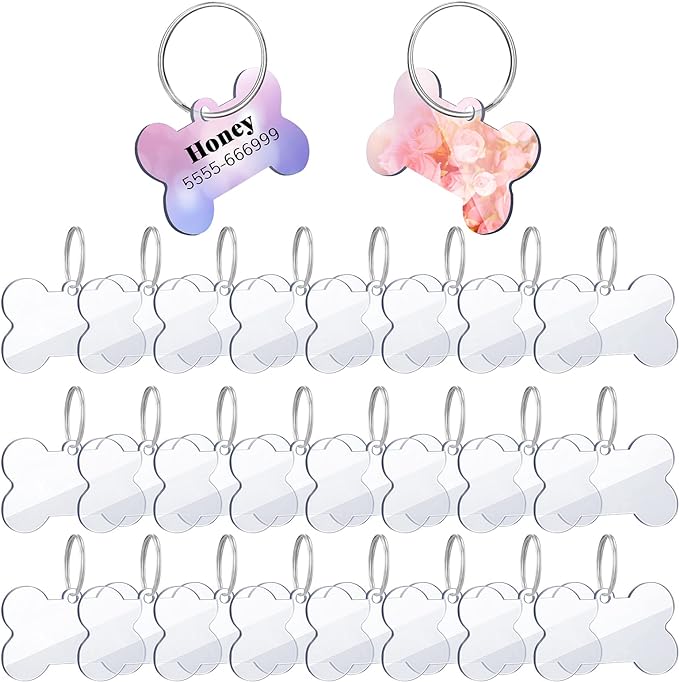 24 Pieces Blank Acrylic Dog Tag Bone-Shaped Acrylic Dog ID Tags with 24 Pieces Key Chain Rings for DIY Dogs and Cats Pet Name Number Tags Crafts Decorations, 1.49 x 1 Inch