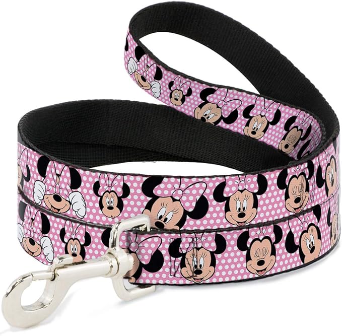 Buckle-Down Pet Leash - Minnie Mouse Expressions Polka Dot Pink/White - 6 Feet Long - 1/2" Wide