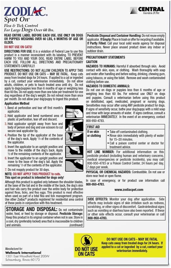 Zodiac Spot On Flea & Tick Control Large Dogs Over 60 Pounds 4 Pack