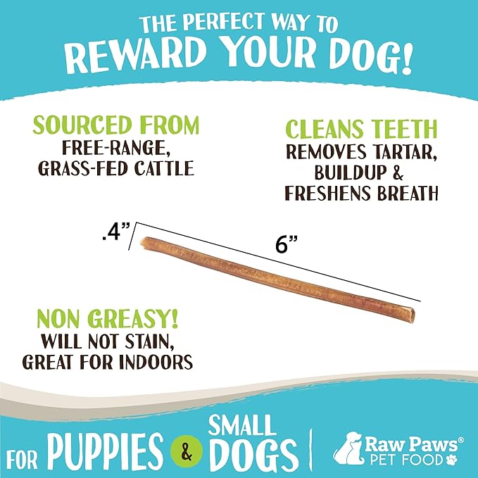Raw Paws Thin Bully Sticks for Dogs, 6 inch, 20-ct - Free Range Bull Pizzle - Low Odor Mini Bully Sticks for Puppies - Small Bully Sticks - Puppy Bully Sticks for Dogs - Bully Sticks for Small Dogs