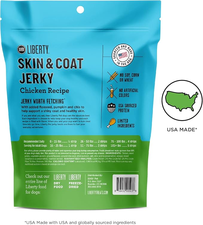 BIXBI Liberty Skin & Coat Support Chicken Jerky Dog Treats 5 oz - USA Made, Grain Free, Antioxidant Rich to Support Shiny, Full Bodied Coats