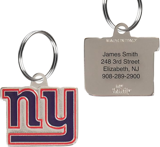 NFL New York Giants Engraving Pet ID Tags in 32 Team Logo Shapes Personalized Dog Tags and Cat Tags with 3 Lines of Customizable Text for Tracking & Safety. Stainless Steel Pet ID Tracking Tags