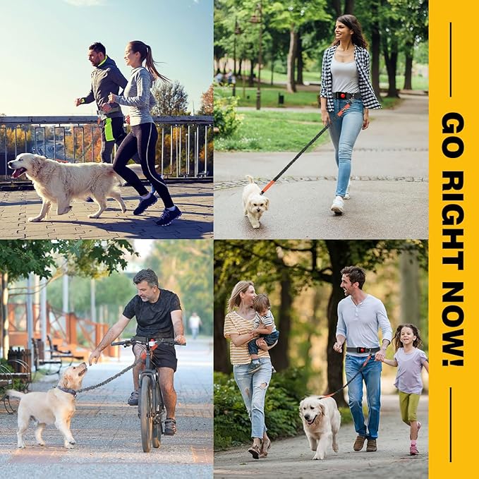 Pawaboo Hands-Free Dog Leash with Waist Belt, Elastic Dog Waist Leash with Wider Belt, Reflective Dog Running Belt Absorbing Shock, Durable Padded Handle Bungee Leash for Dogs (25-150 lbs, Grey)