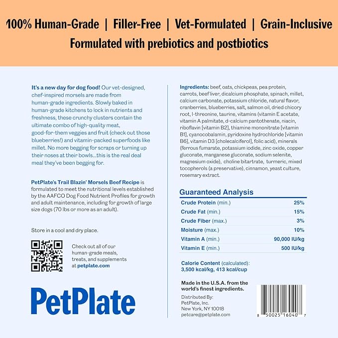 PetPlate FreshBaked Dry Dog Food Grain-Inclusive | Human Grade Dog Kibble | Vet Designed and Formulated with Prebiotics and Postbiotics | No Fillers or by-Products | 2lbs (Beef)