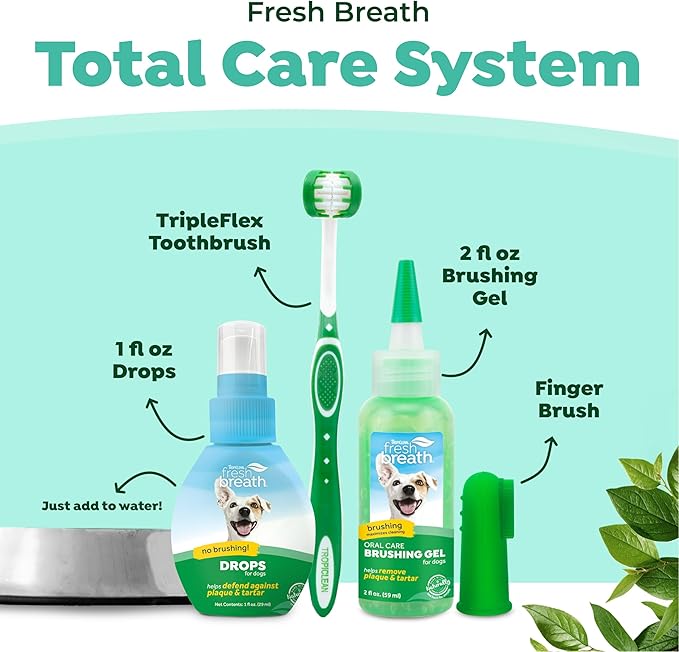 TropiClean Fresh Breath Dog Oral Care Kit for Large Dogs | Total Care System for Plaque & Tartar Control | Dog Tooth Brushing Kit for Large Dogs