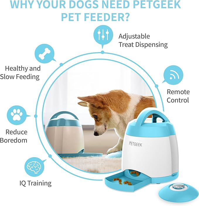 PETGEEK Treat Dispenser Dog Toys, Automatic Pet Feeder with Dual Power Supply and Remote Control, Dog Puzzle Toys and Interactive Dog Toys in One for Indoor or Outdoor Play(Blue)