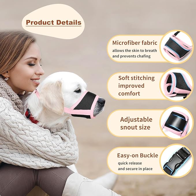 HEELE Dog Muzzle Nylon Soft Muzzle Anti-Biting Barking Secure,Mesh Breathable Pets Muzzle for Small Medium Large Dogs 4 Colors 4 Sizes (L, Pink)