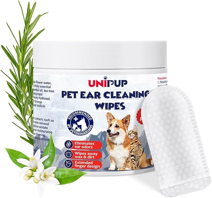 Pet Ear Finger Wipes 70 Count, Gentle and Effective Ear Cleaning Wipes for Dogs and Cats, Removes Wax, Dirt, and Odor, Prevents Ear Infections, Natural Ingredients, Safe and Easy to Use