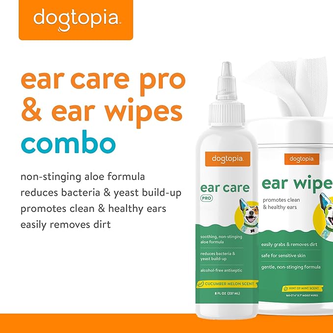 Ear Wipes and Ear Care Pro Solution for Pets | Gentle Ear Wipes (160 count) and Ear Care Solution (8oz) for Dogs and Cats | Non-Stinging Ear Duo