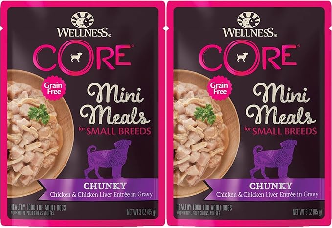 Wellness CORE Mini Meals Grain Free Small Breed Dog Wet Food 3oz Pate Chicken Entree, Chunky Chicken and Liver, Shredded Chicken Turkey Dinner in Gravy 3 Flavors 6 Pack Plus Newspaper Plush Dog Toy