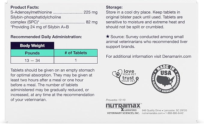 Nutramax Denamarin Liver Health Supplement for Medium Dogs - with S-Adenosylmethionine (SAMe) and Silybin, 30 Blister Pack Tablets