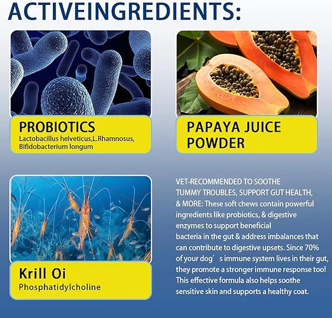 Probiotics for Dogs, Dog Digestive Support & Gas Relief, Dog Gut Health, Bad Breath, Allergies, Constipation, Diarrhea, Contains Probiotics, Prebiotics, Papaya Powder, Krill oi, 120 Chews for Dog