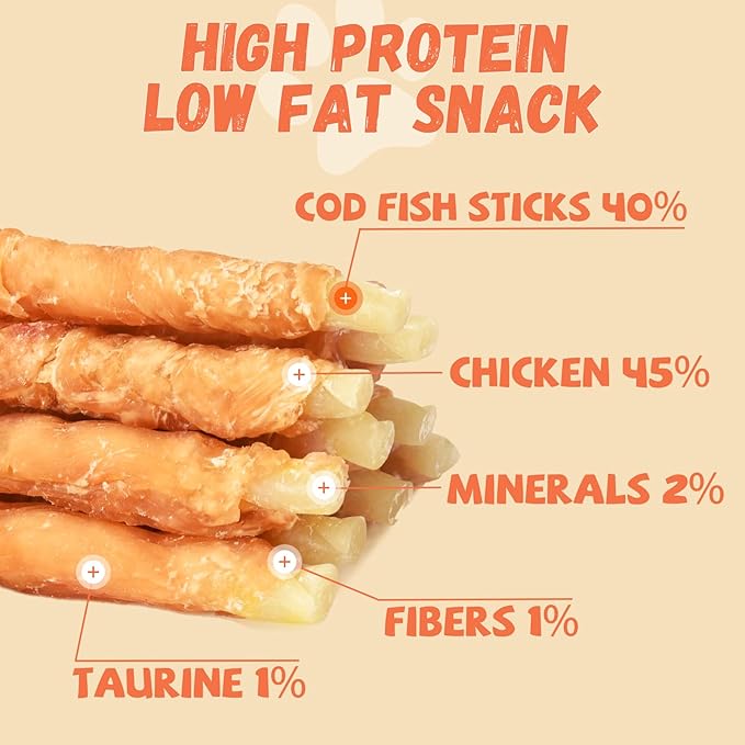 Chicken Wrapped Cod Sticks for Dogs, Grain-Free Rawhide-Free Natural Dog Treats Training Rewards Snacks Dog Soft Chews Treats 10.58OZ