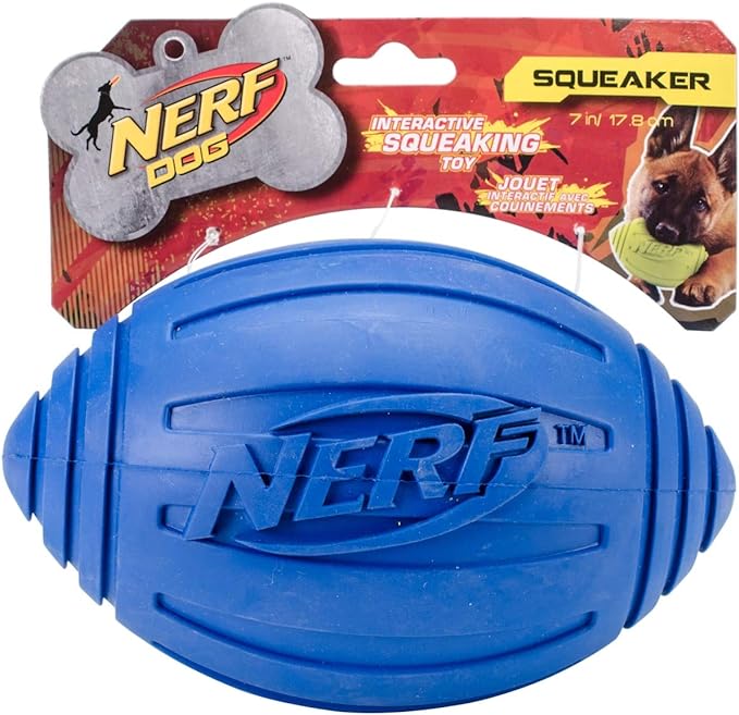 Nerf Dog Ridged Football Dog Toy with Interactive Squeaker, Lightweight, Durable and Water Resistant, 7 Inch Diameter for Medium/Large Breeds, Single Unit, Green