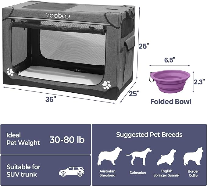 36" Portable Soft Dog Crate for Large Dogs - Collapsible Travel Kennel with Carry Bag, Foldable Cage with Durable Textilene Mesh Door, Plush Bed - Ideal for Home or Travel - Charcoal Gray