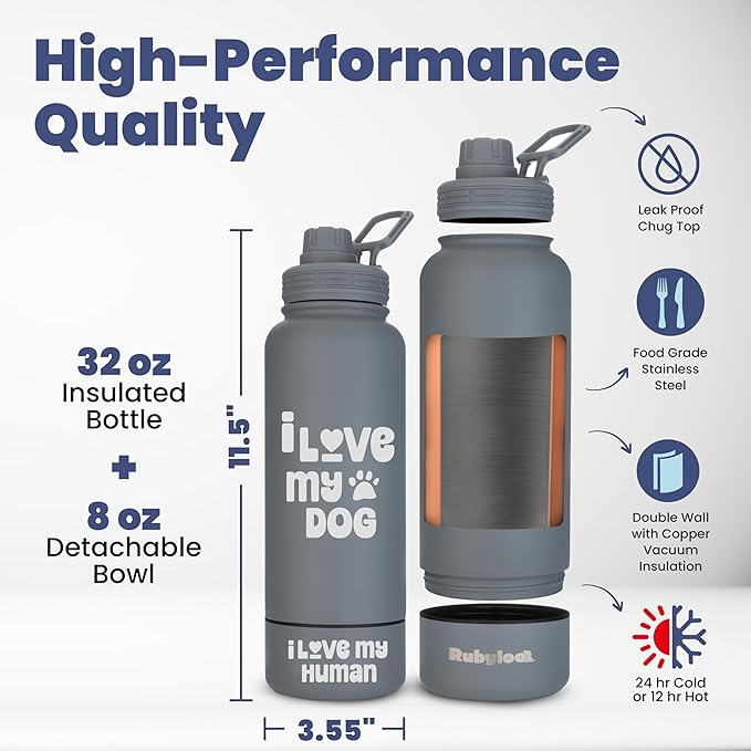 Dog Water Bottle for Dog Lovers - 32 oz Stainless Steel Double Wall Insulated Water Bottle with 8 oz Attached Dog Bowl - Best Dog Mom Gifts for Women - “I Love My Dog” - Smokey Grey