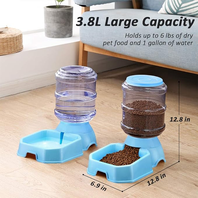 Pet Feeder and Water Food Dispenser Automatic for Dogs Cats, 100% BPA-Free, Gravity Refill, Easily Clean, Self Feeding for Small Large Pets Puppy Kitten Rabbit Bunny (E-Blue)