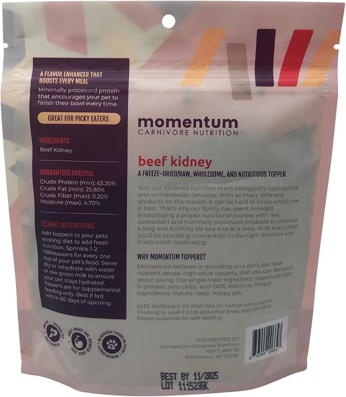 Momentum Carnivore Nutrition Freeze Dried Raw Beef Kidney Topper 3.75 Oz Bag