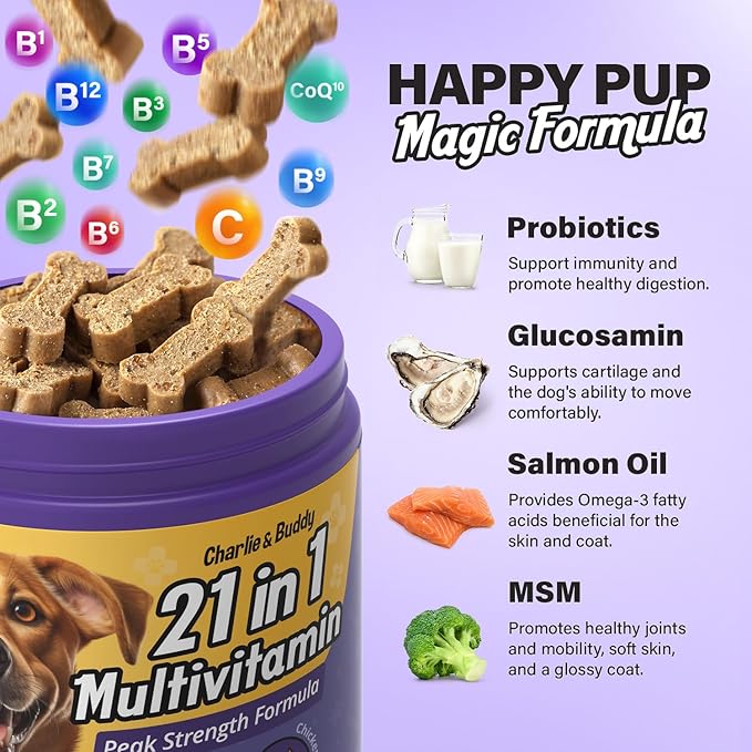Charlie & Buddy Dog Multivitamin 21 in1 - Dog Vitamins and Supplements with Vitamin C Multivitamin for Dogs - Chicken Flavour Dog Vitamins Soft Chews - 90ct