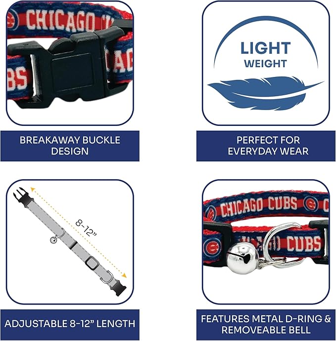 MLB CAT Collar Chicago Cubs Satin Cat Collar Baseball Team Collar for Dogs & Cats. A Shiny & Colorful Cat Collar with Ringing Bell Pendant