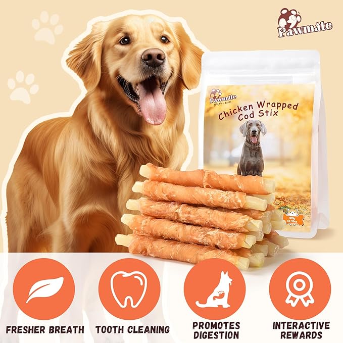 Chicken Wrapped Cod Sticks for Dogs, Grain-Free Rawhide-Free Natural Dog Treats Training Rewards Snacks Dog Soft Chews Treats 10.58OZ