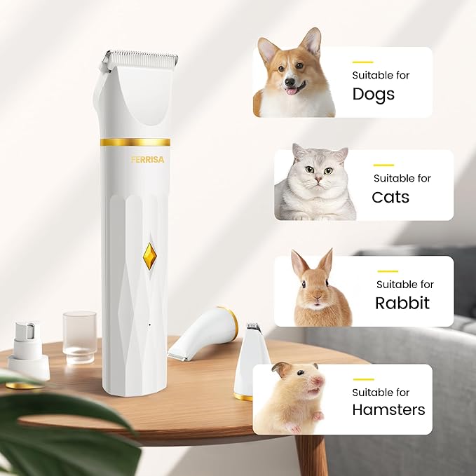 FERRISA Quiet Dog Grooming Kit, Cordless 4 in 1 Dog Clippers for Grooming Professional, Thick Coats Grooming Clippers Set for Dogs at Home, Small Dog Paw Hair Trimmer Nail Grinder Shaver for Cats Pets