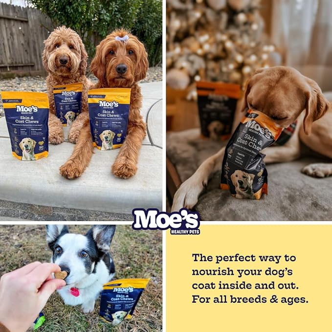 Moe’s Skin & Coat Omega 3, 6, 9 and Vitamin Supplement for Dogs- Supports Dryness, Itch Relief, & Thick, Shiny Coats- Premium Wild Alaskan Salmon Oil- For All Ages and Breeds- 90 Salmon Flavored Chews