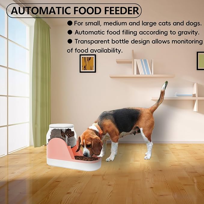kathson Automatic Dog Food Feeder Gravity Cat Food Dispenser Large Capacity Pet Self Feeding Station Bowl Dish for Small and Medium Dogs Cats,1 Gallon,Pink