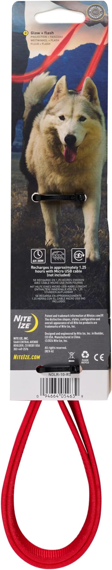 Nite Ize NiteDog Rechargeable LED Leash - Rechargeable LED Light Dog Leash with Padded Handle - Dog Walking Accessories for Walking & Running - 5 Feet, Red