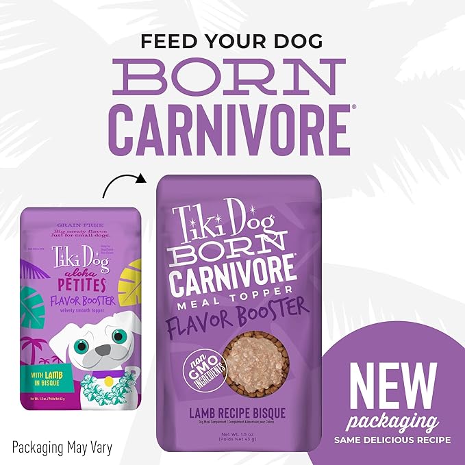 Tiki Dog Born Carnivore Flavor Booster, Lamb Recipe Bisque, Grain Free Meat Based Treat, Meal Topper for All Dog Breeds and All Life Stages, 1.5 oz, Pack of 12