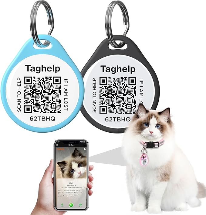 2 Pack - QR Code Pet ID Dog cat Tags for Collar Personalized for Pet Online Profile - Scan QR Receive Instant Pet Location Alert Email, Anti-Lost,No Subscription fees (Blue&Black, for cat - 1")