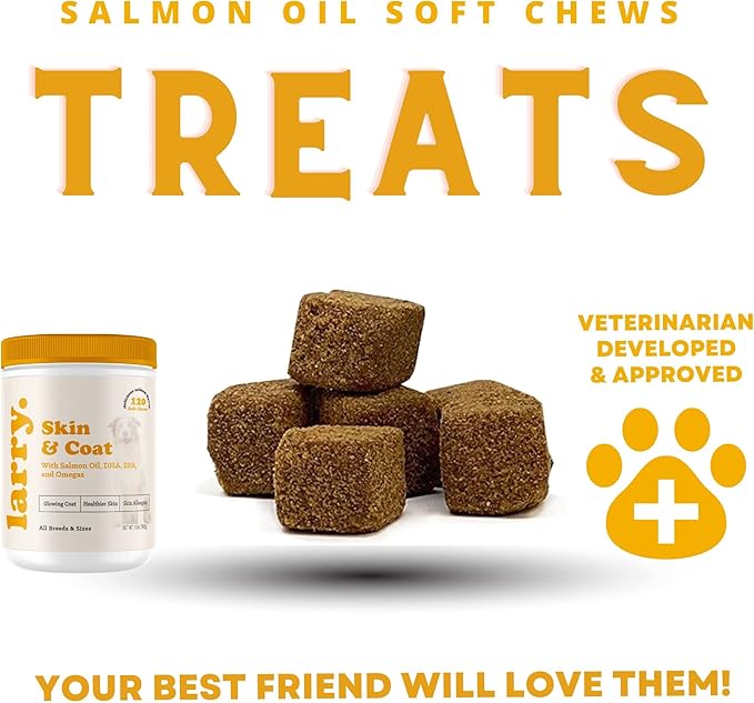 Salmon Oil for Dogs Skin and Coat by Larry | Dog Supplements for Itchy Skin & Allergy Relief | Omega 3, 4, DHA, & EPA for Skin, Coat, Bone, & Joint Health | for All Breeds & Sizes, (120 Soft Chews)